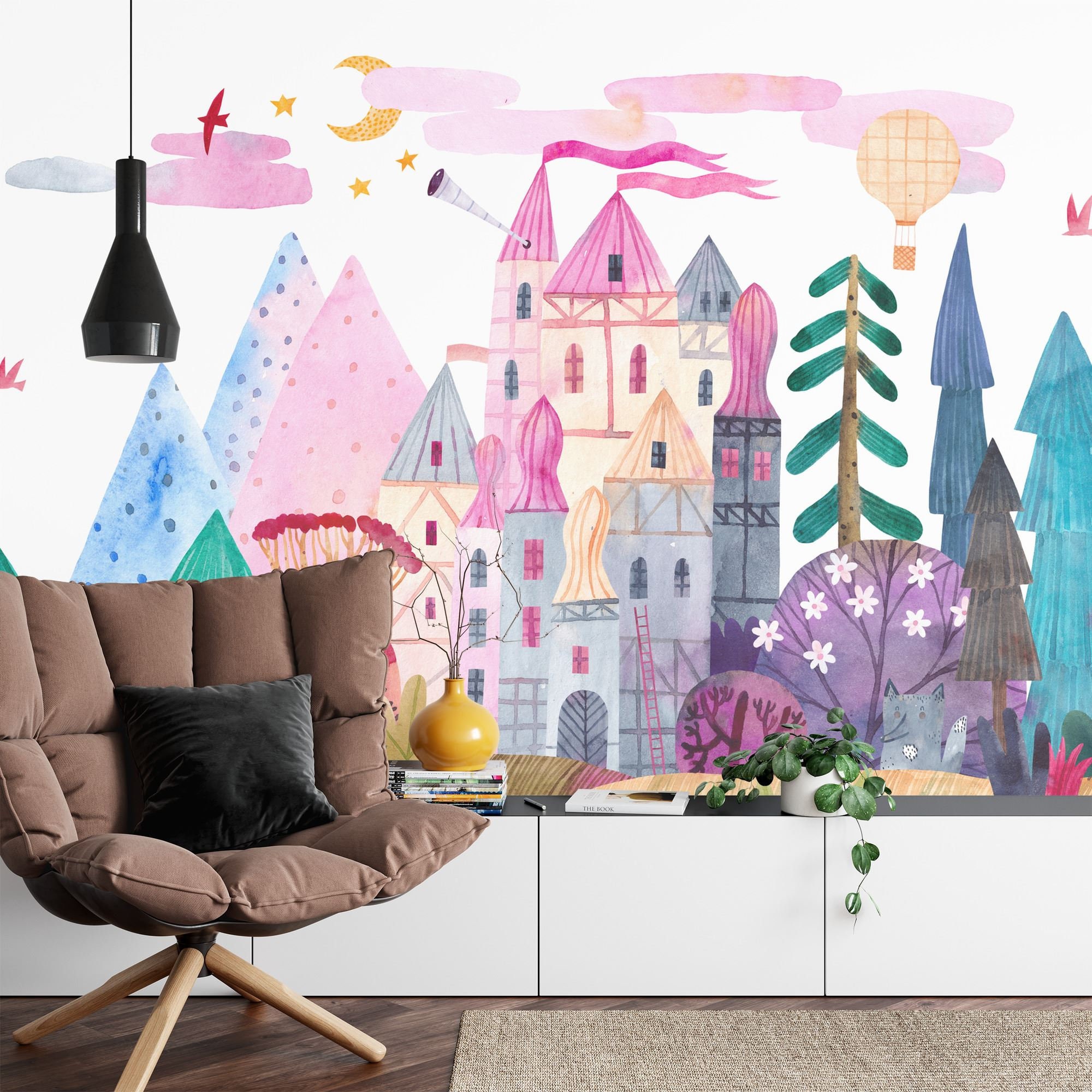 Watercolor Fairytale Castle Wallpaper Mural, Kids Nursery Decor, Peel ...