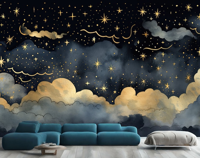 Gold Black Night Sky Painting Moon Stars and Clouds Gift, Art Print Photomural Wallpaper Mural Easy-Install Removeable Peel and Stick Decal