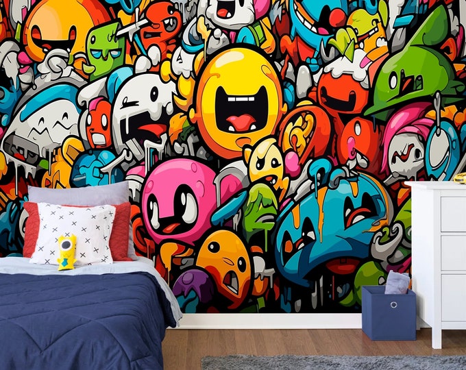 Colorful Funny Graffiti Teenage Kids Room Backdrop Gift, Art Print Photomural Wallpaper Mural Easy-Install Removeable Peel and Stick Decal