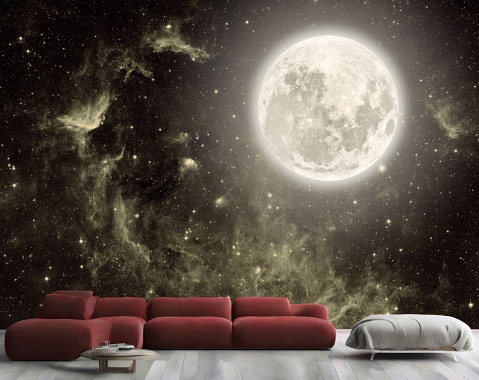 Night Sky Moon With Stars Space Cosmic Gift, Art Print Photomural Wallpaper Mural Easy-Install Removeable Peel and Stick Large Wall Decal