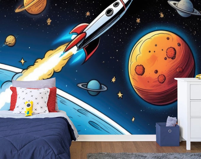 Colorful Flying Rocket Kids Nursery Room Gift, Art Print Photomural Wallpaper Mural Easy-Install Removeable Peel and Stick Large Wall Decal