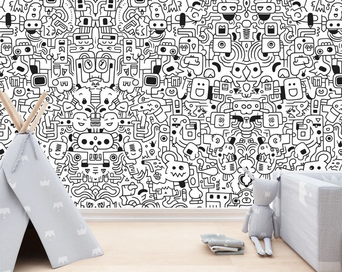 Modern Black and White Doodle Mural Gift for Kids Room Home Decor Easy-Install Wall Mural Wallpaper Peel and Stick Modern Art Washable Mural