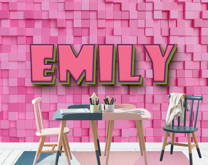 Personalized Custom Name Gift Kids Girls Room 3D Geometric Constructor Easy-Install Wall Mural Wallpaper Peel and Stick Modern Art Washable