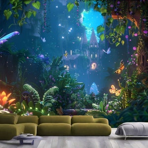 Cadeau de plantes colorées lumineuses de la forêt enchantée, grand sticker mural photo mural, impression d'art, facile à installer