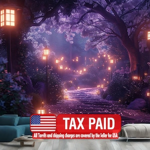 Wallpaper, Cherry Blossom Pathway Wall Mural | Night Moon Art Print, Easy Install