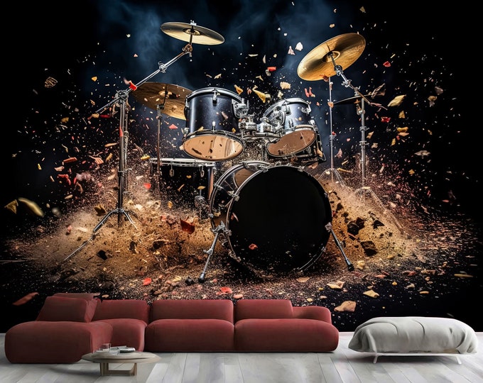 Drum set 3D Illustration Debris Music Gift, Art Print Photomural Wallpaper Mural Easy-Install Removeable Peel and Stick Large Wall Decal Art