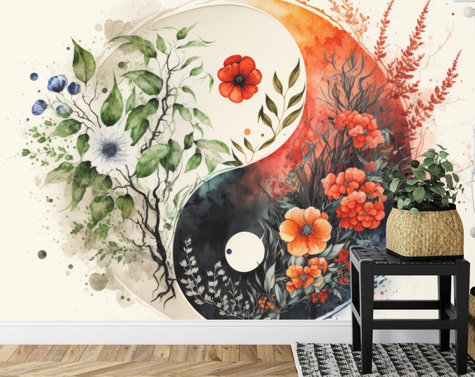 Flowers Ying Yang Symbol Watercolor Print Photomural Wallpaper Mural Easy-Install Removeable Peel and Stick Premium Large Photo Wall Decal