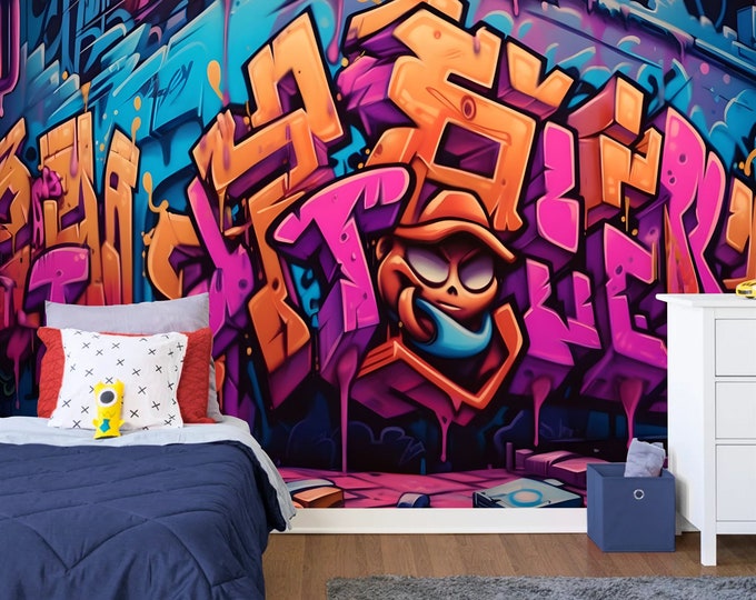 Colorful Funny Graffiti Teenage Kids Room Backdrop Gift, Art Print Photomural Wallpaper Mural Easy-Install Removeable Peel and Stick Decal