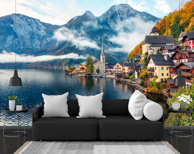 Autumn hallstatt lake viev Austria Gift Art Print Photomural Wallpaper Mural Easy-Install Removeable Peel and Stick Large Photo Wall Decal