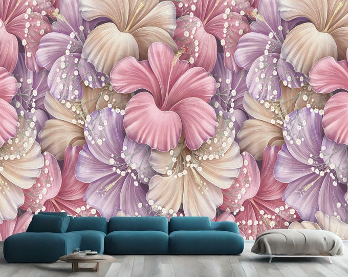 Floral Luxury Pattern Hibiscus Pink Beige Purple Gift Art Print Photomural Wallpaper Mural Easy-Install Removeable Peel and Stick Wall Decal