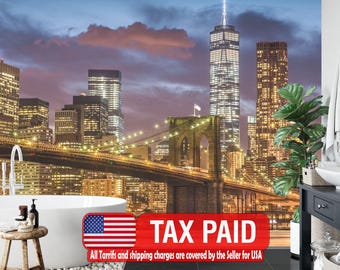 Brooklyn Bridge Night Panorama Wall Mural - Peel and Stick Wallpaper