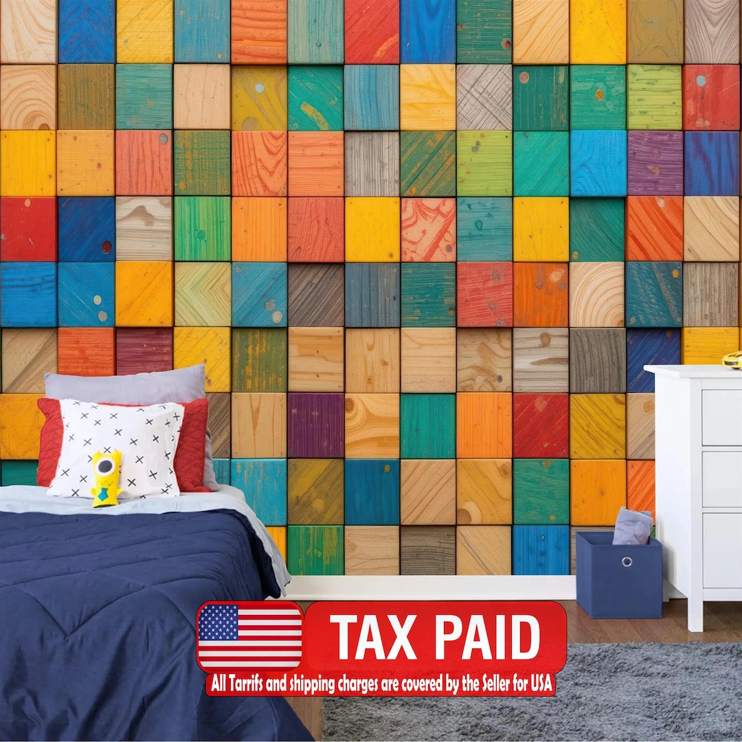 3D Wooden Blocks Wallpaper Mural, Colorful Abstract Wall Decal, Kids ...