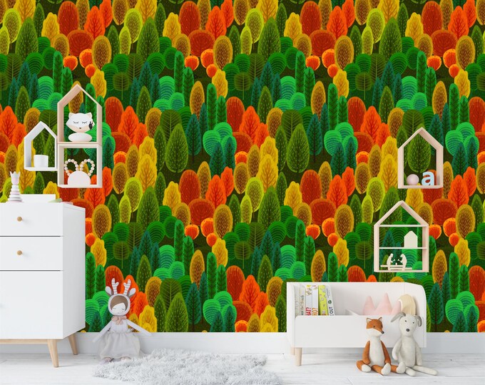 Colorful Trees Illustration Pattern Gift, Art Print Photomural Wallpaper Mural Easy-Install Removeable Peel and Stick Large Wall Decal Art