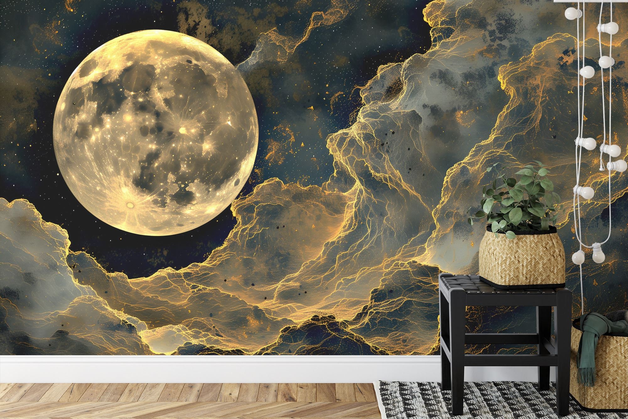 Golden Full Moon Wall Mural, Cloudy Night Peel and Stick Wallpaper - Etsy