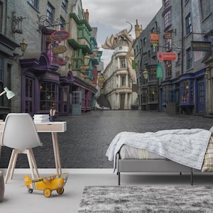 May include: A detailed mural depicting a cobblestone street lined with shops and buildings, reminiscent of a fantasy setting. The scene includes a dragon and various signs, creating a whimsical atmosphere. The mural is used as a backdrop in a bedroom setting.