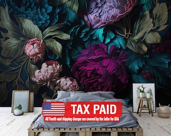 Baroque Floral Wall Mural, Rich Deep Colors, Peonies, Easy-Install Wallpaper