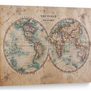 Carte du monde géographique vintage, décoration d'intérieur éducative, impression sur toile naturelle, art mural, excellente idée cadeau, art mural de haute qualité pour la maison