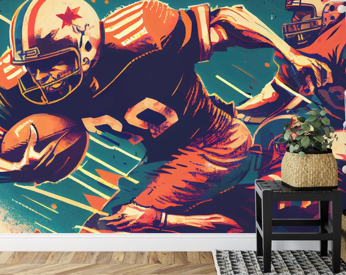 American Football, Player, Gift for Kids Art Print Photomural Wallpaper Mural Easy-Install Removeable Peel and Stick Large Photo Wall Decal