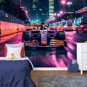 夜間のフォーミュラ 1 レーシングカー シンセウェーブ AI 生成ギフト、アートプリント フォトミューラル壁紙 壁画 簡単に取り付けられ、剥がして貼れるデカール