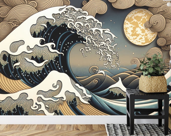 Japanese Waves Generative AI Moon Clouds Gift, Art Print Photomural Wallpaper Mural Easy-Install Removeable Peel and Stick Large Wall Decal