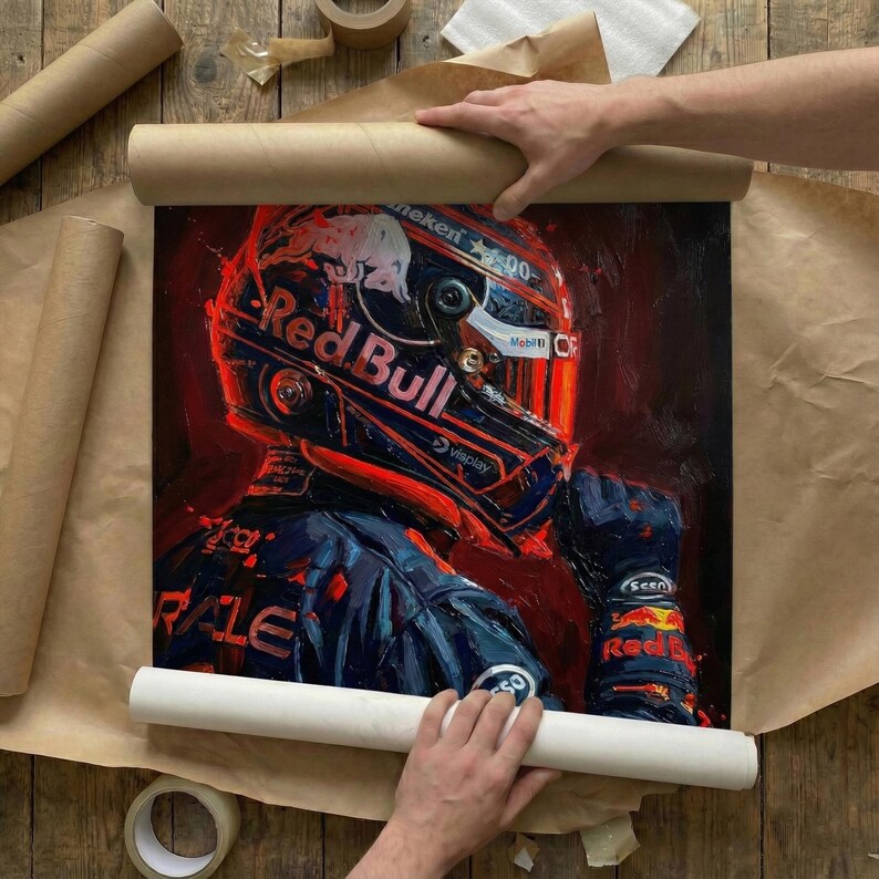 May include: An oil painting of a race car driver in a Red Bull helmet and uniform. The artwork is predominantly red, navy, and white, with the Red Bull logo prominently displayed. The painting is being carefully rolled in brown paper.