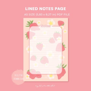 Printable notes page. Blank notepaper with pink strawberry design. A5 lined writing paper. Instant download PDF template for note taking.