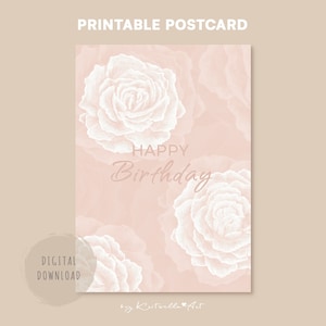 Gelukkige verjaardagskaart bloemen. Afdrukbare ansichtkaart met elegante roze bloemen in oudroze witte kleur. Opvouwbare wenskaart voor cadeau.
