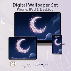Floral Moon Wallpaper Set, Purple Blue Night Sky Background, Glowing Crescent Moon Art, iPad Desktop iPhone Home Screen (Digital Download)