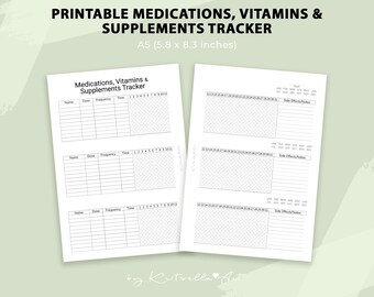 May include: Printable medication, vitamins, and supplements tracker in black and white. The tracker has sections for name, dose, frequency, time, and days of the week. It also includes a section for side effects and notes. The tracker is A5 size, which is 5.8 by 8.3 inches.