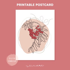 Carte postale à offrir. Carte de voeux imprimable. Illustration à téléchargement immédiat. Carte pliable pour toutes les occasions dans des tons ocrés, avec un motif de branche de sorbier des oiseleurs.