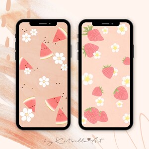 May include: Two phone screen mockups with summer fruit designs. The left phone has a pink background with watermelon slices and white flowers. The right phone has a pink background with strawberries and white flowers. Both phones have black bezels.