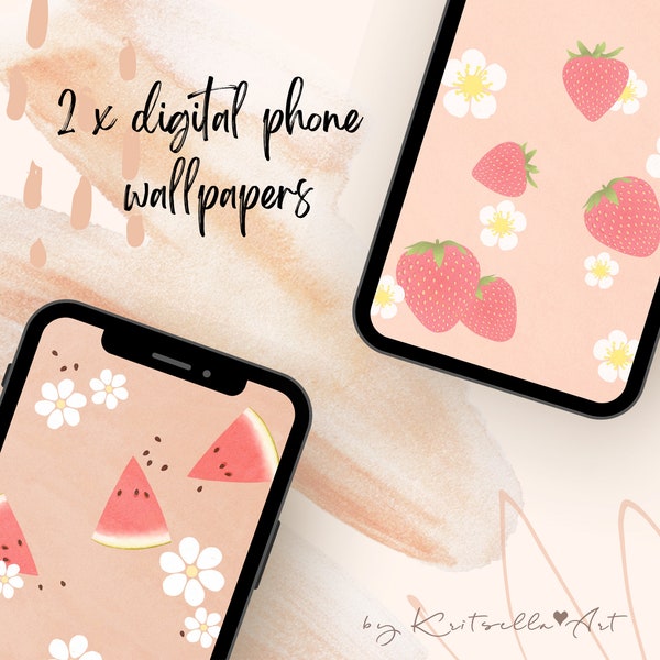 Phone wallpaper digital download set of two. Cute smartphone backgrounds. Watermelon flower strawberry fruit designs for iPhone & Android