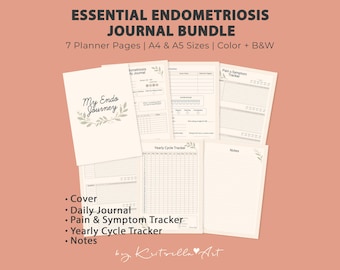 Diario de endometriosis: registro de dolor y síntomas, planificador diario de autocuidado, registro de ciclo para aliviar el dolor crónico, kit imprimible A4/A5.