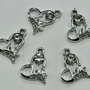 Crystal Heart Charm Pendants: Antique Silver LOVE Charms (5 Pieces)