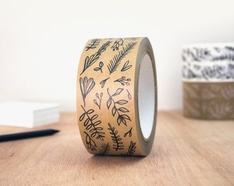 100% Recyclable Paper Packaging Tape ~ Black Botanical Leaves Pattern ~ Eco-Friendly Brown Self Adhesive Packing Tape ~ 50mm