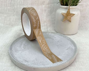 100% Recyclable Kraft Paper Packaging Tape ~ White Botanical Leaves Pattern ~ Eco-Friendly Brown Self Adhesive Packing Tape ~ 25mm