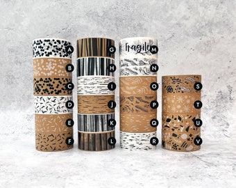 Mix of any 3 Decorative Parcel Tapes ~ Eco-Friendly, Recyclable, White & Brown Kraft Self Adhesive Paper Packing Tape ~ 50mm