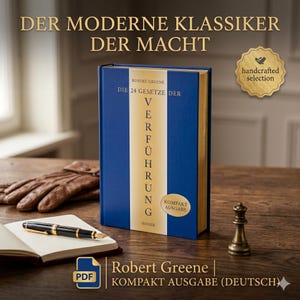 Puede incluir: Un libro de tapa dura azul titulado Die 24 Gesetze der Verführung de Robert Greene con una franja vertical dorada. El libro se muestra junto a una pluma estilográfica, un cuaderno, un par de guantes de cuero marrón y una pieza de ajedrez.