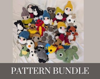 May include: A collection of various crochet stuffed animals in different colors and designs, including gnomes, bears, and other creatures. The text "PATTERN BUNDLE" is displayed at the bottom of the image.