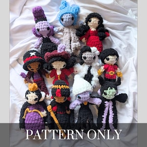 May include: A collection of handmade crochet dolls in various colors and outfits. The dolls are arranged on a white surface. The dolls have different hairstyles and accessories. The text "PATTERN ONLY" is displayed at the bottom of the image.