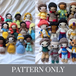 May include: A collection of crocheted dolls, featuring various characters with detailed outfits and hairstyles. The dolls are arranged on a white surface. The text "PATTERN ONLY" is at the bottom of the image.