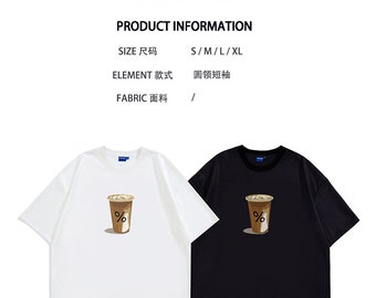 Coffee T-Shirt with % print (CieTeaser American trendy brand couple models round neck short-sleeved T-shirt art coffee pattern men's and )
