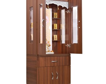 Wooden Mandir 5 Ft Height with Floating Shelves Doors and Cabinet Storage in Rich Walnut Color with LED Lights