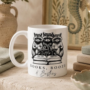 Books Booze And Besties Mug, Funny Book Club Gift, Raccoon Coffee Cup, Wine Lover Present, Reader Gift For Friends