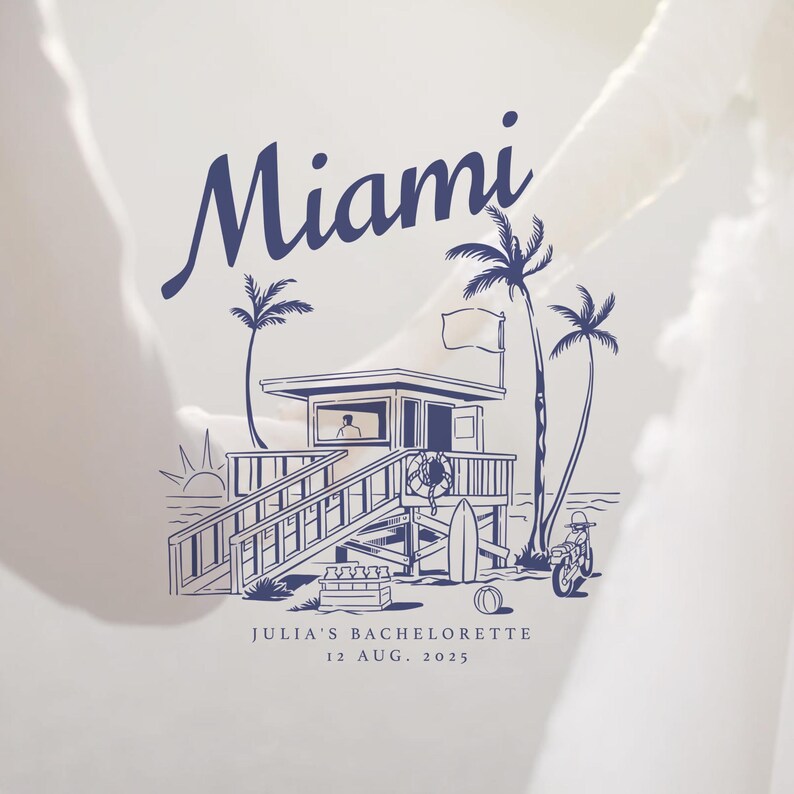 May include: A navy blue illustration featuring a lifeguard station on a beach with palm trees, a surfboard, and a motorcycle. The word "Miami" is written in cursive above the illustration. Below the illustration, the text reads "JULIA'S BACHELORETTE 12 AUG. 2025".