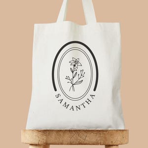 March Birth Flower Canvas Tote Bag, Custom Name Tote Bag, Personalized Birth Month Flower Gift for Mom, Bachelorette Bridesmaid Gift for her