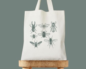 Vintage Style Bug Tote Bag, Christmas Gift, Nature Lover Tote Bag, Gardener Shopper Tote, Cottage Core Aesthetic Gift, Gift for Bug Hobbies