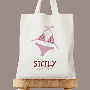 Sizilien Hochzeit Tote Bag, personalisierte Bikini Bachelorette Tote, Hochzeit Willkommensgeschenk, Hochzeit Willkommensgeschenk, Pool Party Hochzeit, Strandtasche