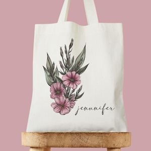 Custom Birth Flower Name Tote Bag, Personalized Canvas Tote Bag, Mother&#39;s Day Gift Birthday, Bachelorette Bridesmaid Party Gift for her