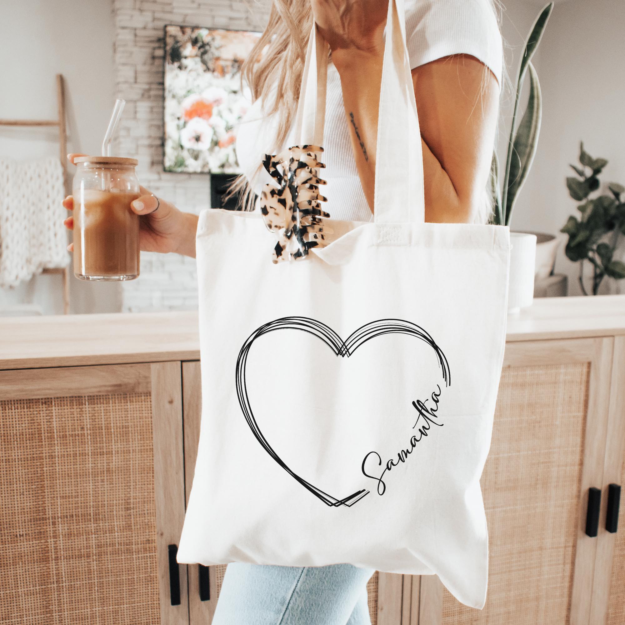 Cute Heart Tote Bag With Name, Personalized Name Tote Bag, Mothers 